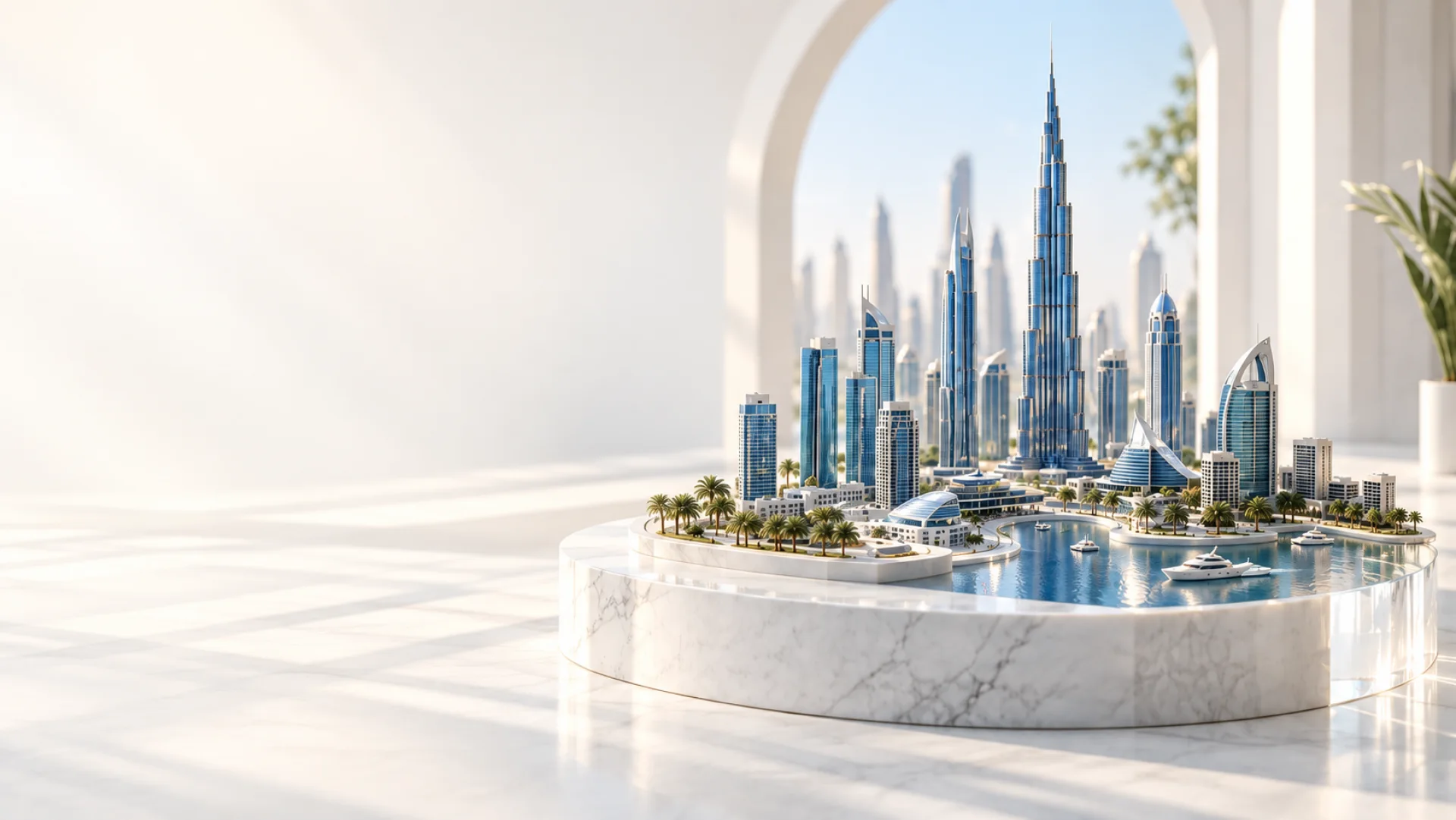 Architectural illustration of Dubai on a marble platform